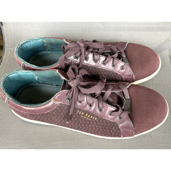 TED BAKER SIZE 10.5 PLUM/BLACK LACE-UP PRINT CANVAS LEATHER MEN'S SNEAKERS MEN'S - Picture 3 of 9